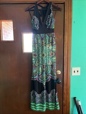 Alyn Paige Purple and Green Black Patterned Halter Maxi Dress Small